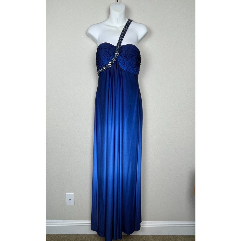 Cache Blue Ombre One Shoulder Maxi Dress Sz 10 Beaded Sequin Rhinestone‎ Glam